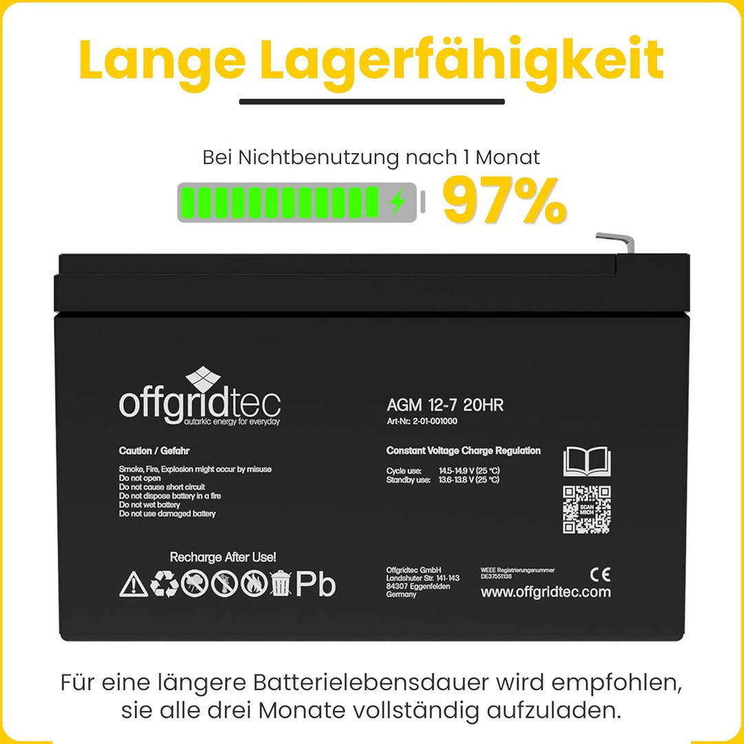 Offgridtec® 7Ah 12V Bleiakku AGM Zyklenfest USV Ersatz VRLA Batterie, 7Ah