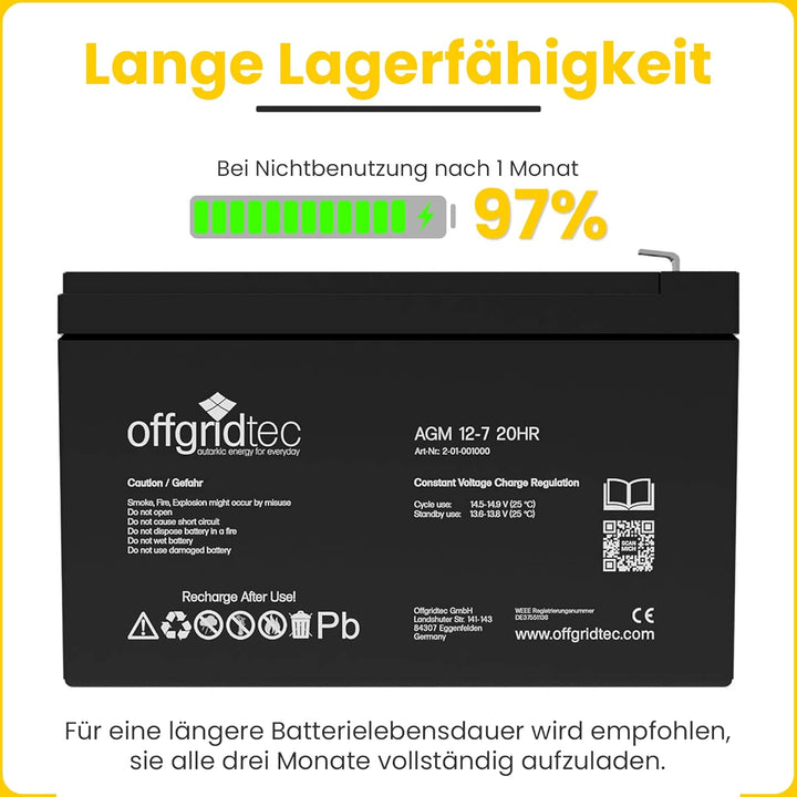 Offgridtec® 7Ah 12V Bleiakku AGM Zyklenfest USV Ersatz VRLA Batterie, 7Ah