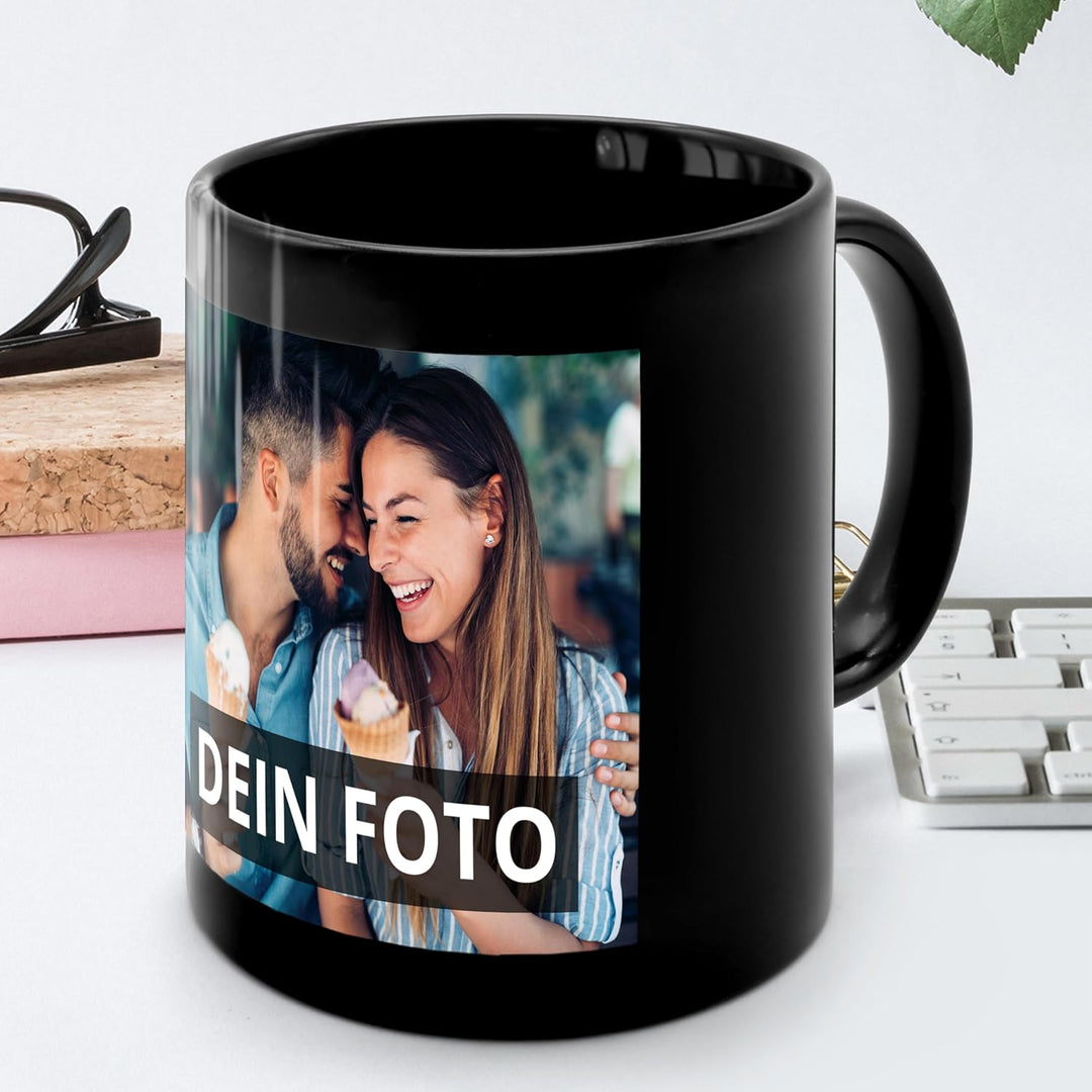 Fototasse Schwarz mit eigenem Foto bedruckt - Kaffee-Becher mit eigenem Bild personalisiert - schwar