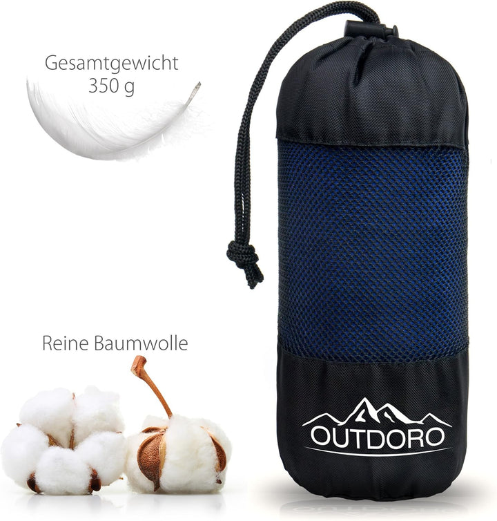 Outdoro Hüttenschlafsack, Ultra-Leichter Reise-Schlafsack - nur 350 g aus Reiner Baumwolle mit Kisse