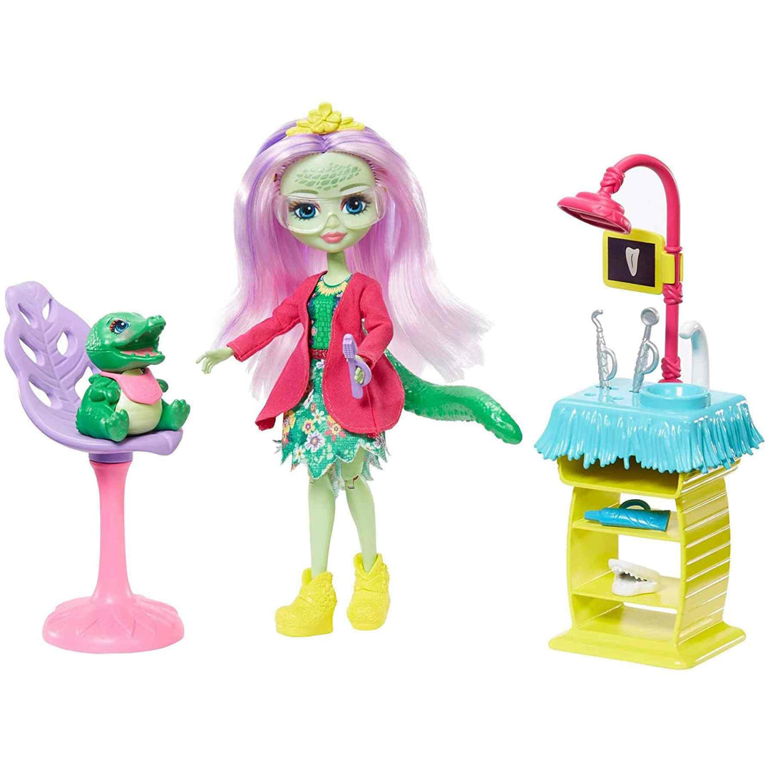 Enchantimals Zahnarztpraxis Spielset mit Andie Alligator-Puppe (15 cm), Tierfigur und über 10 Zubehö