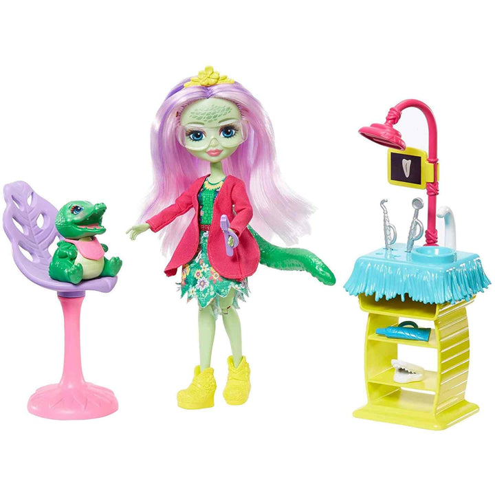 Enchantimals Zahnarztpraxis Spielset mit Andie Alligator-Puppe (15 cm), Tierfigur und über 10 Zubehö