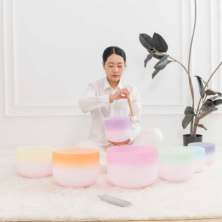 Hye-eun Kristall Klangschalen Set,7Pcs 432 Hz Crystal Singing Bowl (7-12 Zoll) mit Rainbow zweifarbi