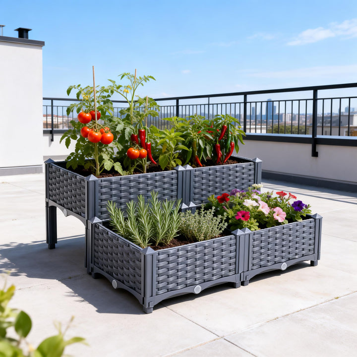Mingone Blumenkasten Rattan Optik Blumentopf aus Kunststoff Blumenkasten Balkonkasten mit Wasserspei