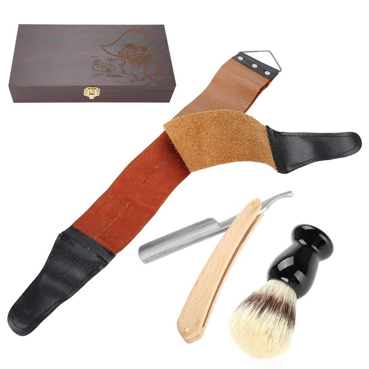 Rasiermesser Set, 3-Teilig – Handrasierer–Rasierpinsel – Rasierspitzer Gürtel – Geschenkbox Aus Holz
