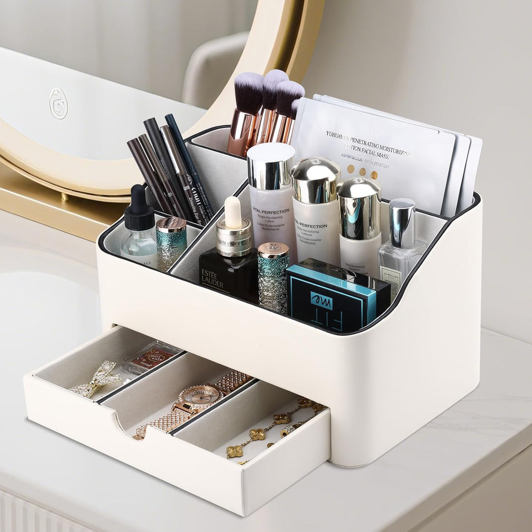 KINGFOM Make-up-Organizer mit Schublade, kompakte Beauty-Aufbewahrung für Schminktisch, PU-Leder Hau