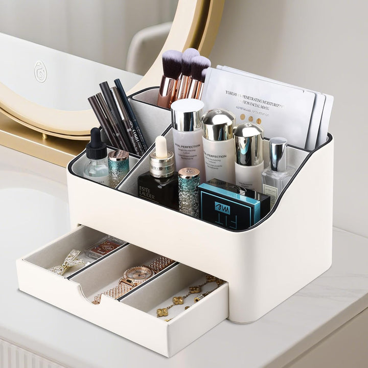 KINGFOM Make-up-Organizer mit Schublade, kompakte Beauty-Aufbewahrung für Schminktisch, PU-Leder Hau