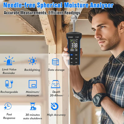 Hygrometer, INFURIDER 3-Zoll-HD-Farb-Grossbild-Feuchtemessgerät mit Stoffbeutel, 20-40 mm Tiefenanal