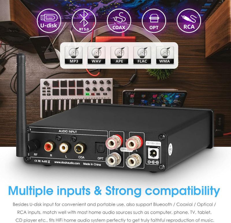 Douk Audio HiFi Bluetooth 5.0 Digitaler Verstärker Mini Empfänger Coax/Opt Amplifier USB-Musikplayer