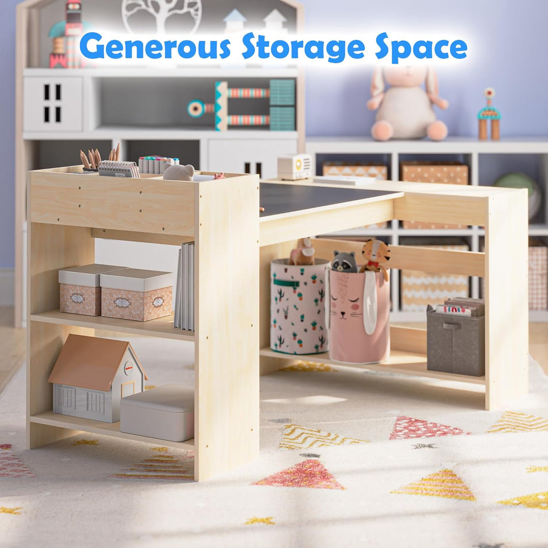 Kinder-Kunsttisch und 1 Stuhl Set, Maltisch mit Malrolle & Aufbewahrung, höhenverstellbarer Holz-Tis