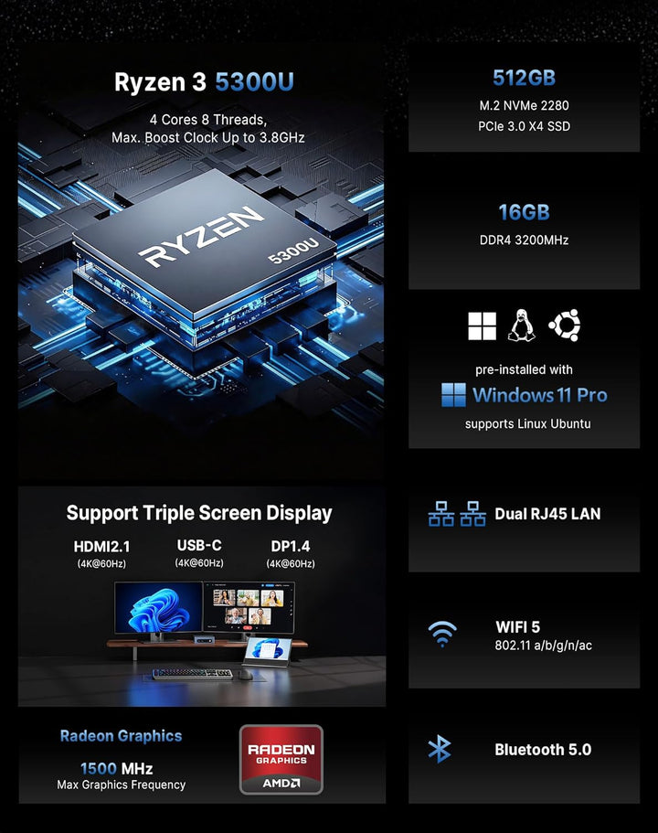 BOSGAME P3 Mini PC Gaming, AMD Radeon 680M Ryzen 9 6900HX 8K/16T Mini-Computer, 16GB DDR5 512GB PCIe