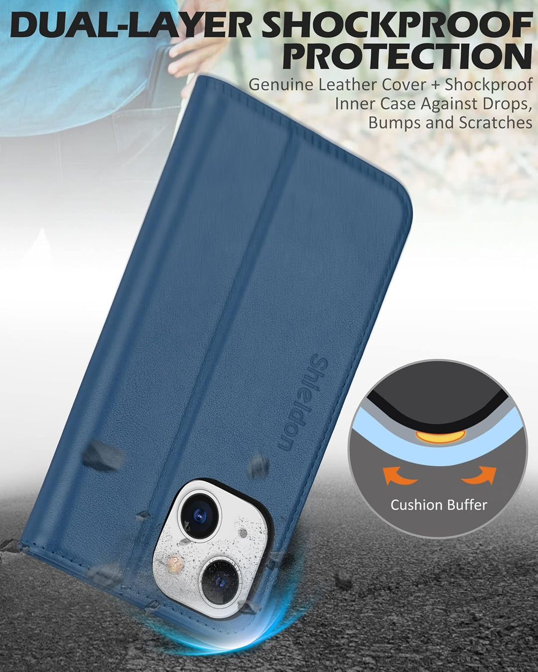 SHIELDON Hülle für iPhone 13 Mini, RFID-Sperre Handyhülle [Echtleder] [Stossfest ] [Standfunktion] [