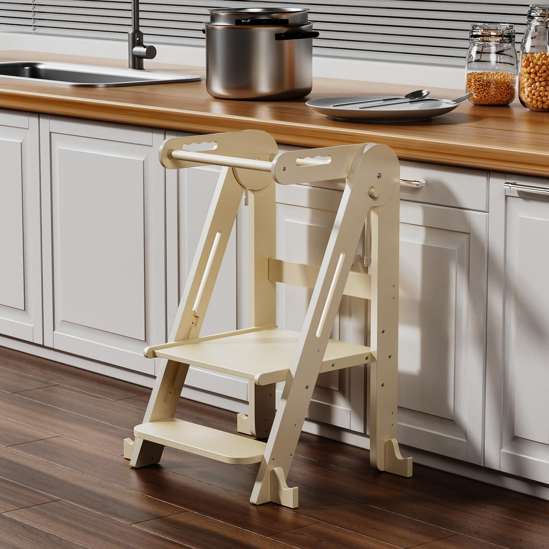 Klappbarer Toddler Tower Tritthocker, Höhenverstellbarer Kinderhocker mit Sicherheitsleiste & Rutsch
