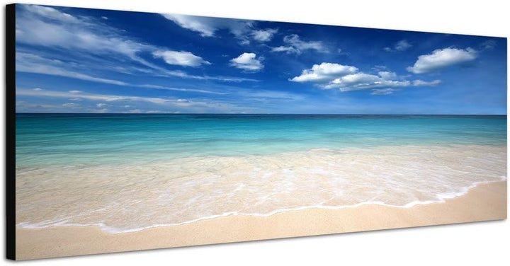Paul Sinus Art Panoramabild auf Leinwand und Keilrahmen 120x40cm Meer Sandstrand Wolkenschleier