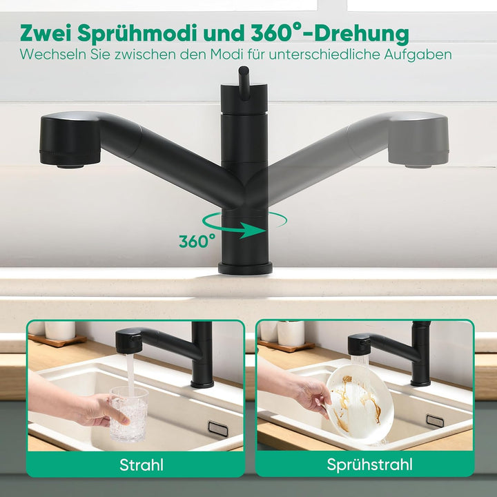 Wasserhahn Küche Spültischarmatur mit ausziehbarer Brause, usziehbarer Wasserhahn 360° schwenkbar zw