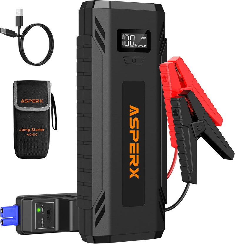 ASPERX Starthilfe Powerbank 4000A, Tragbare Auto Starthilfe für 12V-Fahrzeuge (bis zu Alle Benzin od