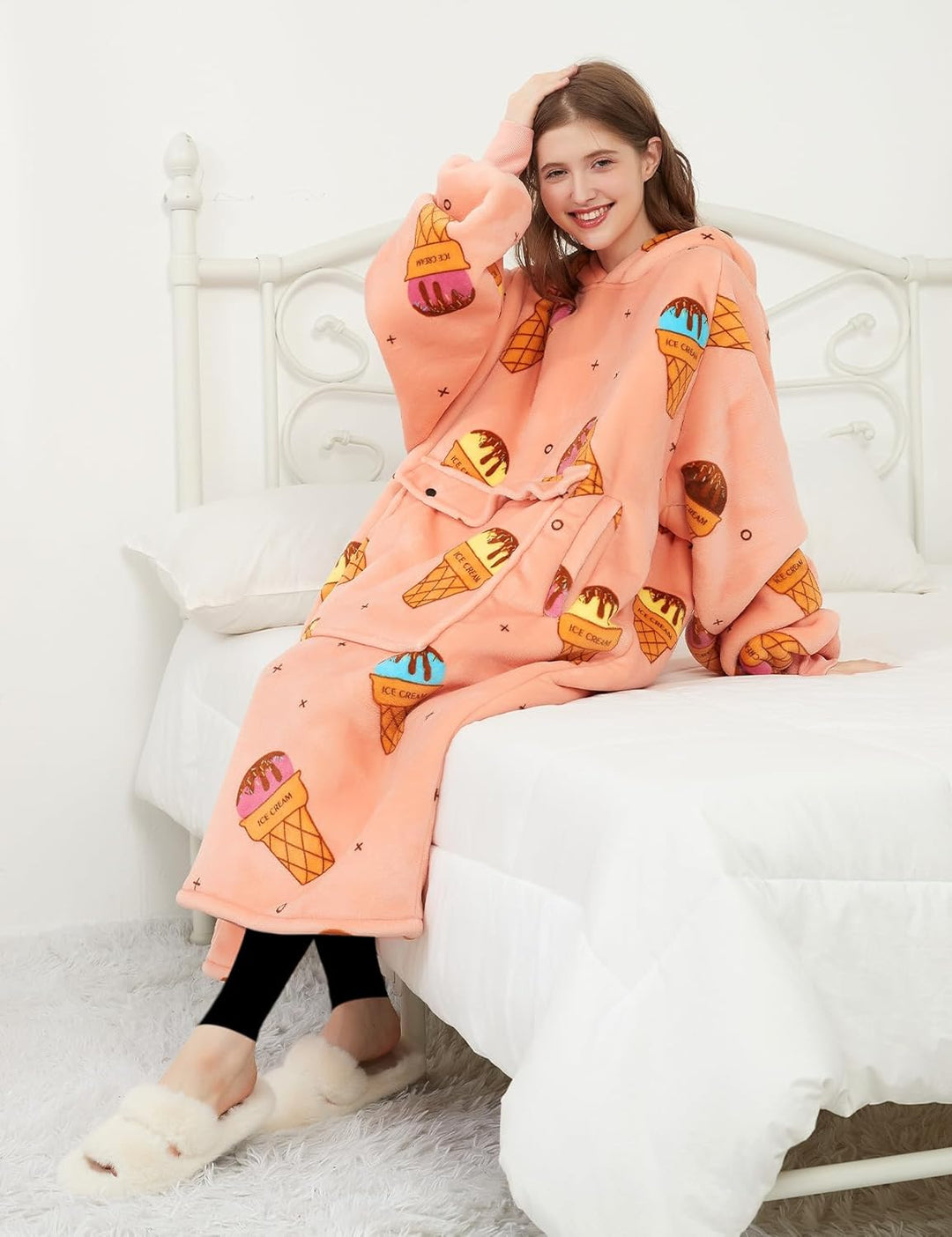 KFUBUO Tragbare Decke Hoodie für Erwachsene Sherpa Alle Muster Eiscreme Übergrosse Sweatshirt Decke