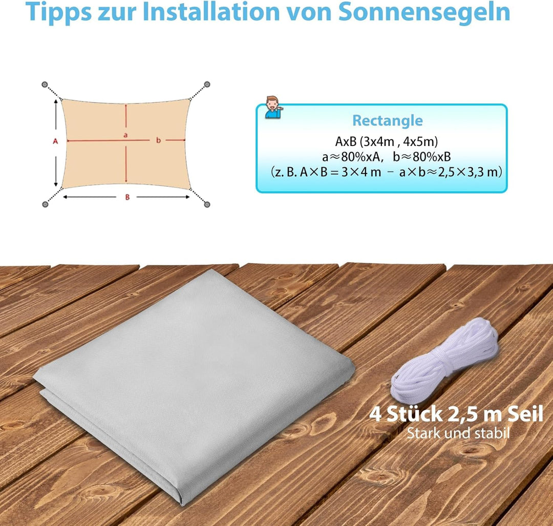 Sonnensegel 3x4m, Wasserdicht & UV-Schutz, Verdickter 420D Oxford-Stoff – Perfekter schattiger Rückz