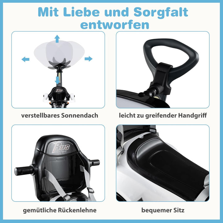 COSTWAY 3-in-1 Rutschauto mit Schiebestange, Rutschfahrzeug mit Hupe, Musik, Licht & Sicherheitsgurt