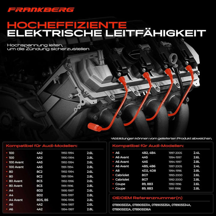 Frankberg 6x Zündleitungssatz Zündkabel Kompatibel mit 100 4A C4 2.6L 1992-1994 80 8C B4 2.8L 1991-1