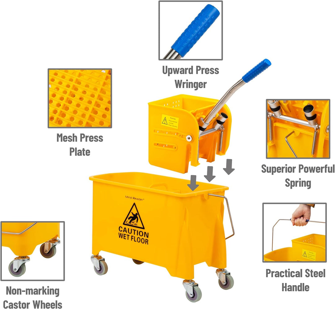 Mind Reader Mobile Heavy Duty Mop Bucket with Upward Press Wringer, 22-Quart Capacity, 16.25"L x 10.