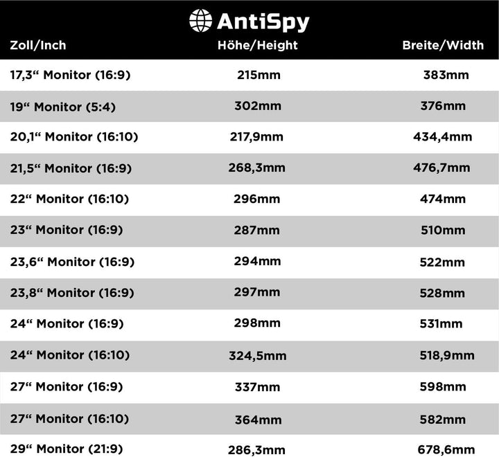 17.3" (16:9) Blickschutzfolie für Monitor – alle Zoll Grössen | geeignet für Apple i-Mac, Dell, Leno