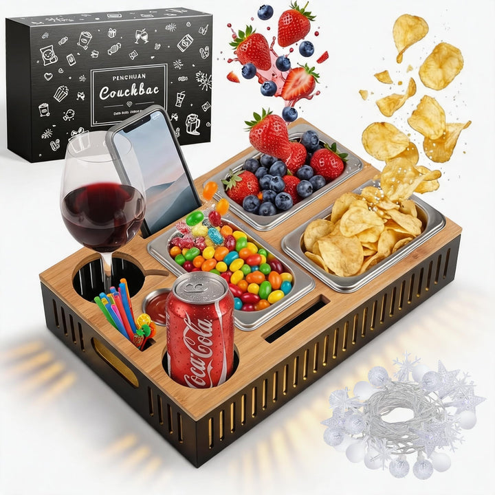 Couchbar Snackbox,Durchbrochen Snackbox mit Fächern&amp;Leuchteffekt,Bambus Sofa Tablett mit 4 Edelstahl