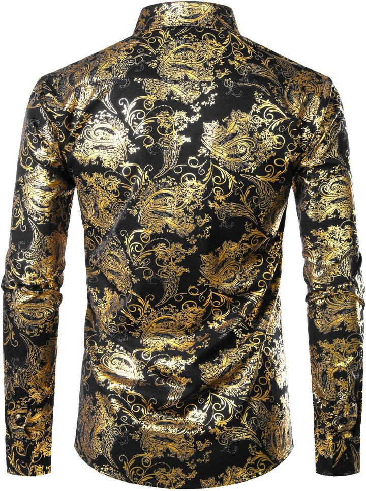 PARKLEES Herren Luxus Paisley Gemustert Golden Glänzend Slim Fit Freizeithemd L Schwarz Golden, L Sc