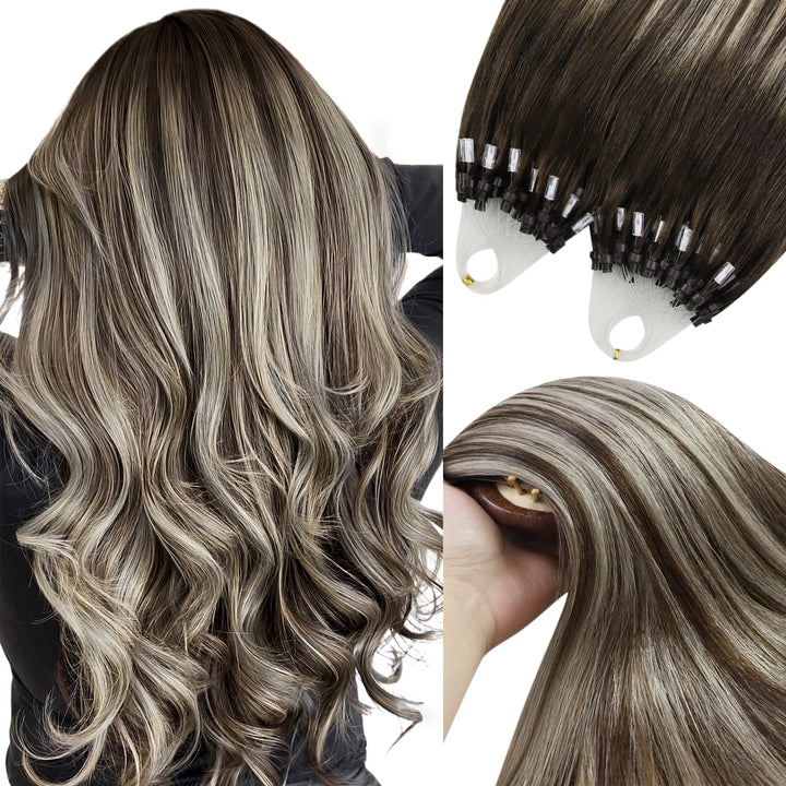 YoungSee Extensions Echthaar Microring Ombre 60cm,Micro Ring Hair Extensions Braun Ombre Aschblond,M