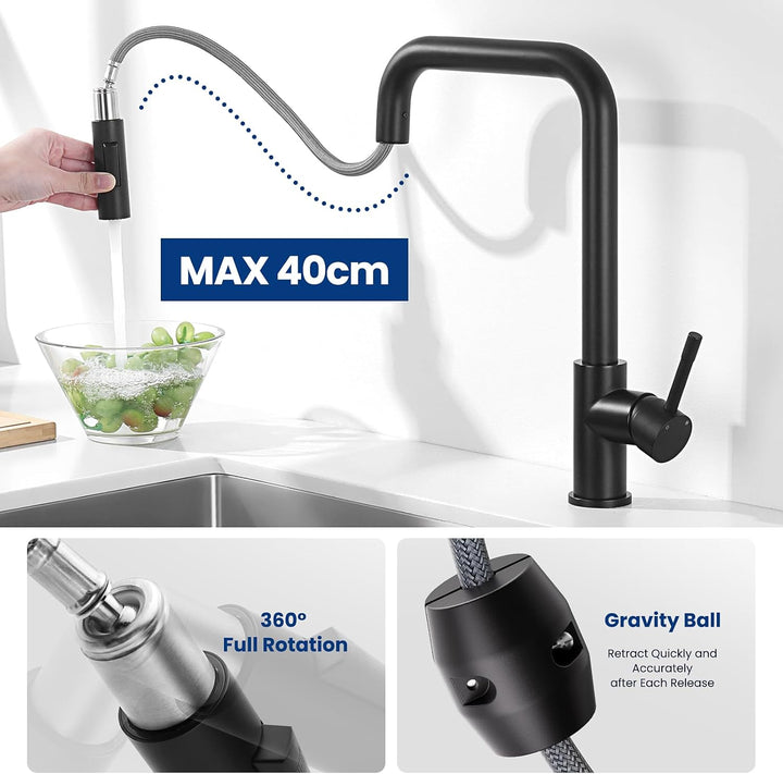 CECIPA Wasserhahn für Küche - Schwarz, Ausziehbare Küchenarmatur mit Brause, 360° Schwenkbar, Zwei S