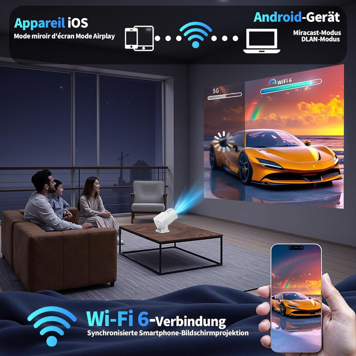 Beamer Unterstützt 4K 1080P, Projektor Tragbarer mit WiFi 6 und Bluetooth 5.2, Beamer Klein Projekto