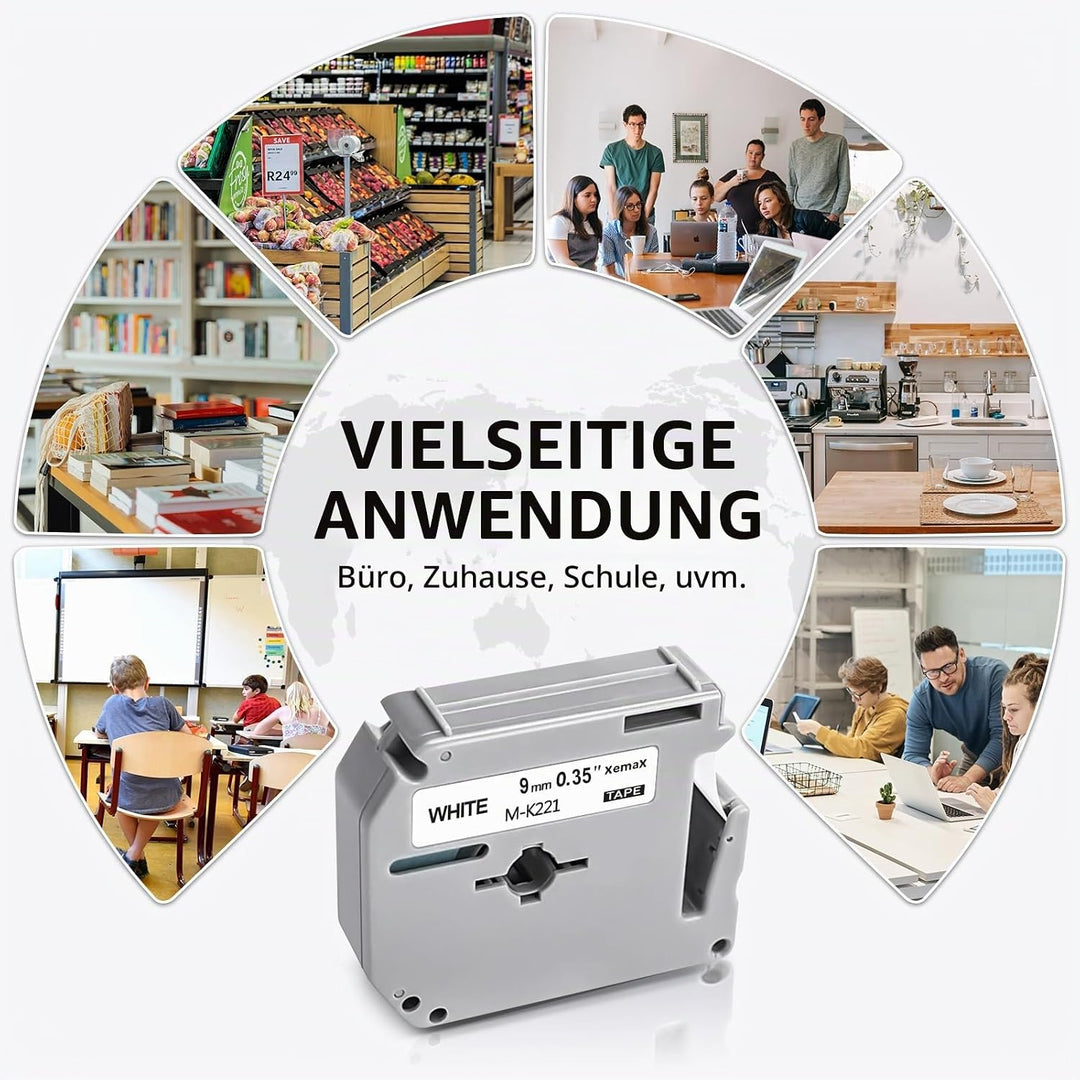 6x Kompatibel M Tape 9mm Ersatz für Brother M-K221 M-K121 M-K421 M-K521 M-K621 M-K721 Schriftband fü