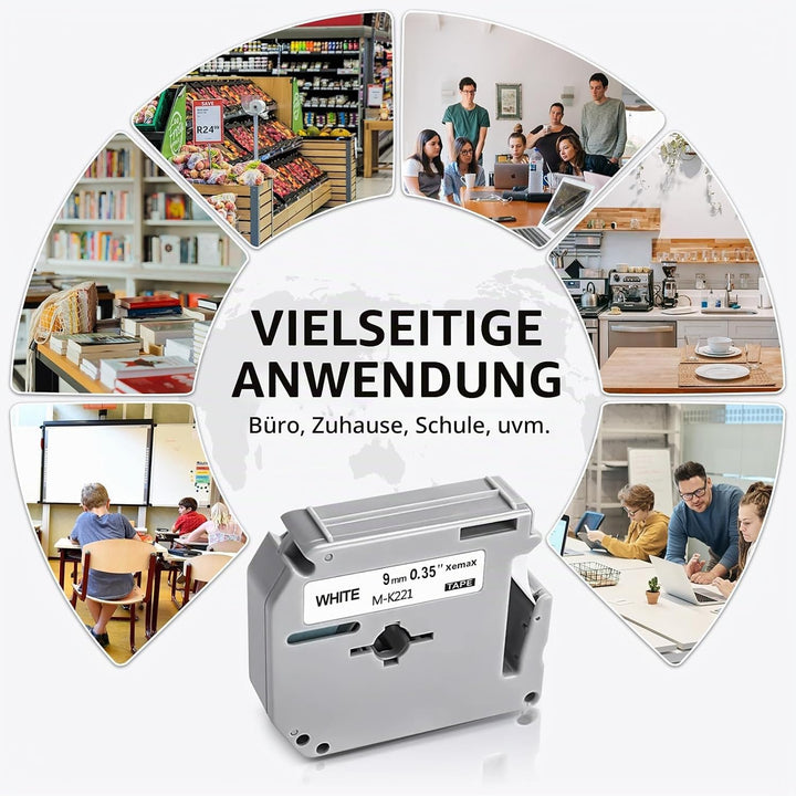 6x Kompatibel M Tape 9mm Ersatz für Brother M-K221 M-K121 M-K421 M-K521 M-K621 M-K721 Schriftband fü