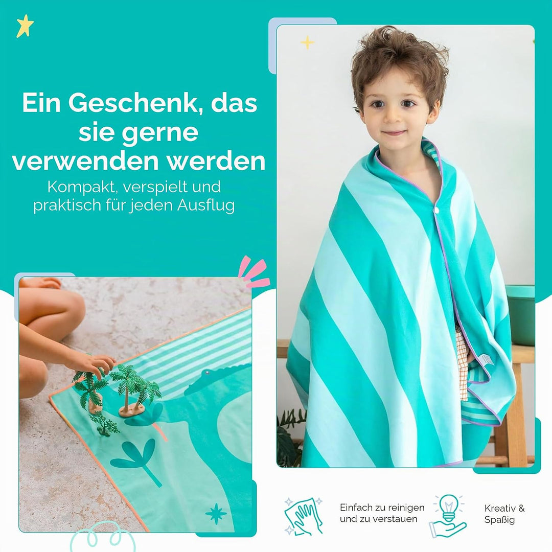 Quut – Strand-/Poolhandtuch für Kinder mit Spiel – Ultraschnell trocknende Mikrofaser, sandfrei – ko