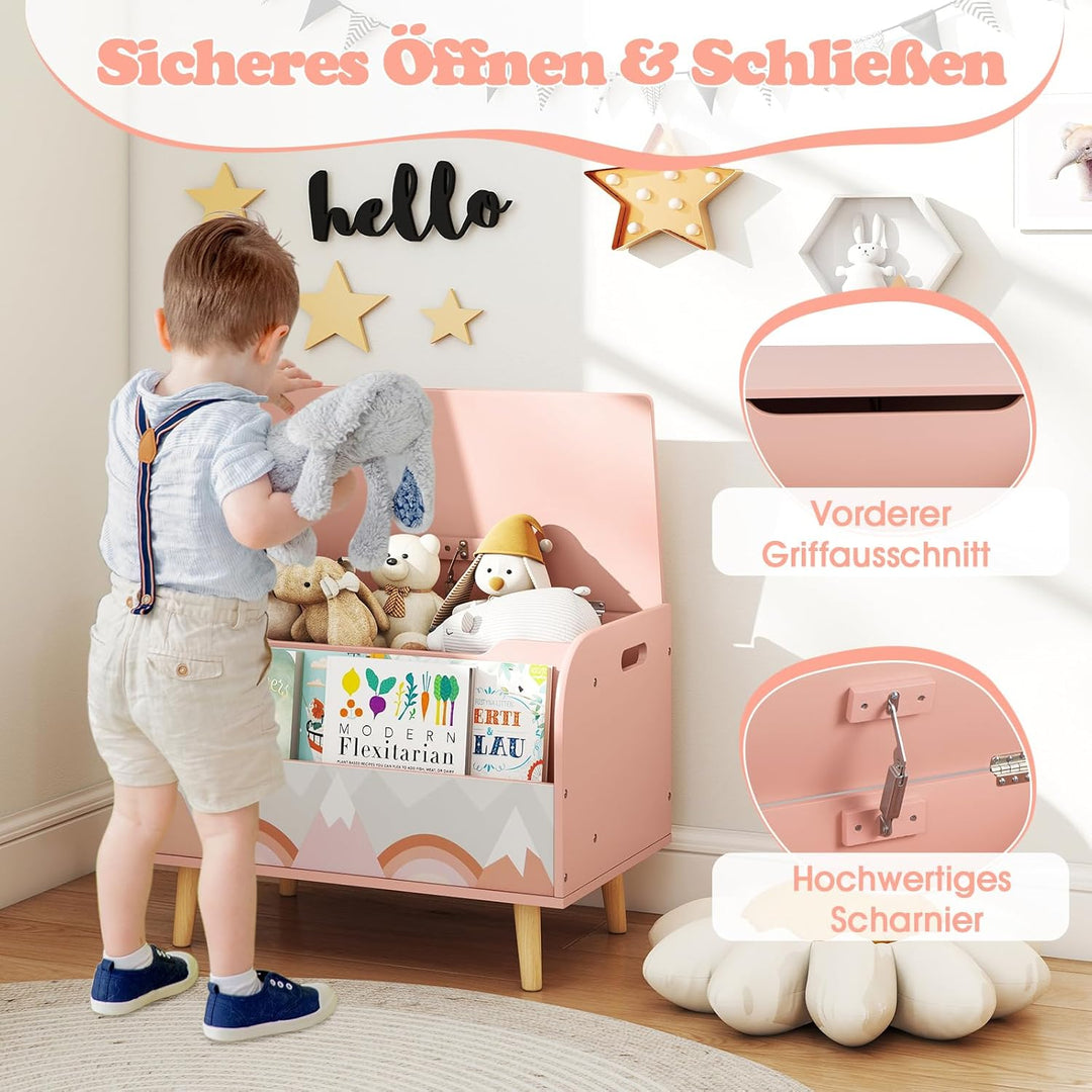 COSTWAY Spielzeugtruhe mit Deckel, 2 in 1 Spielzeugkiste aus Holz mit Bücherregal, Sitztruhe mit Sta