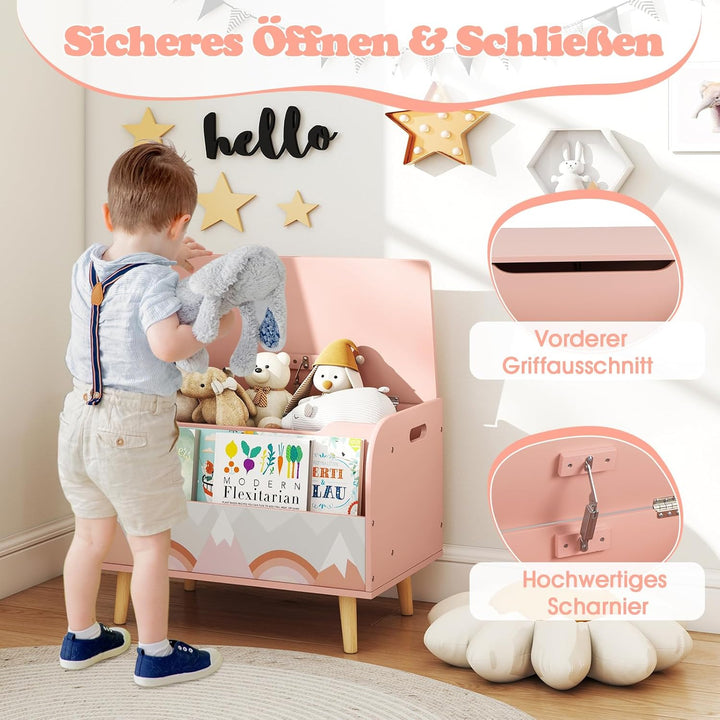 COSTWAY Spielzeugtruhe mit Deckel, 2 in 1 Spielzeugkiste aus Holz mit Bücherregal, Sitztruhe mit Sta
