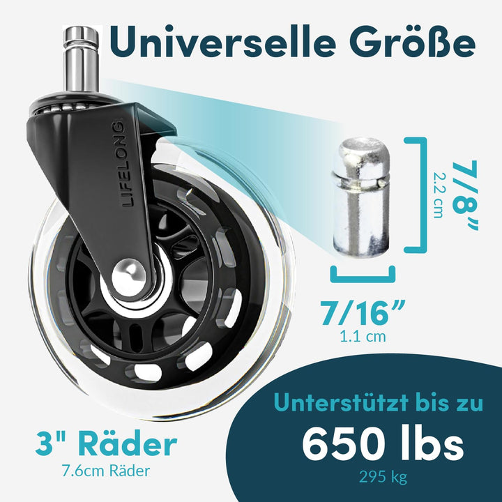 Bürostuhl Rollen 5er-Set, Rollen für Bürostühle, Ersatzräder für Bürostühle auf Teppich- und Parkett