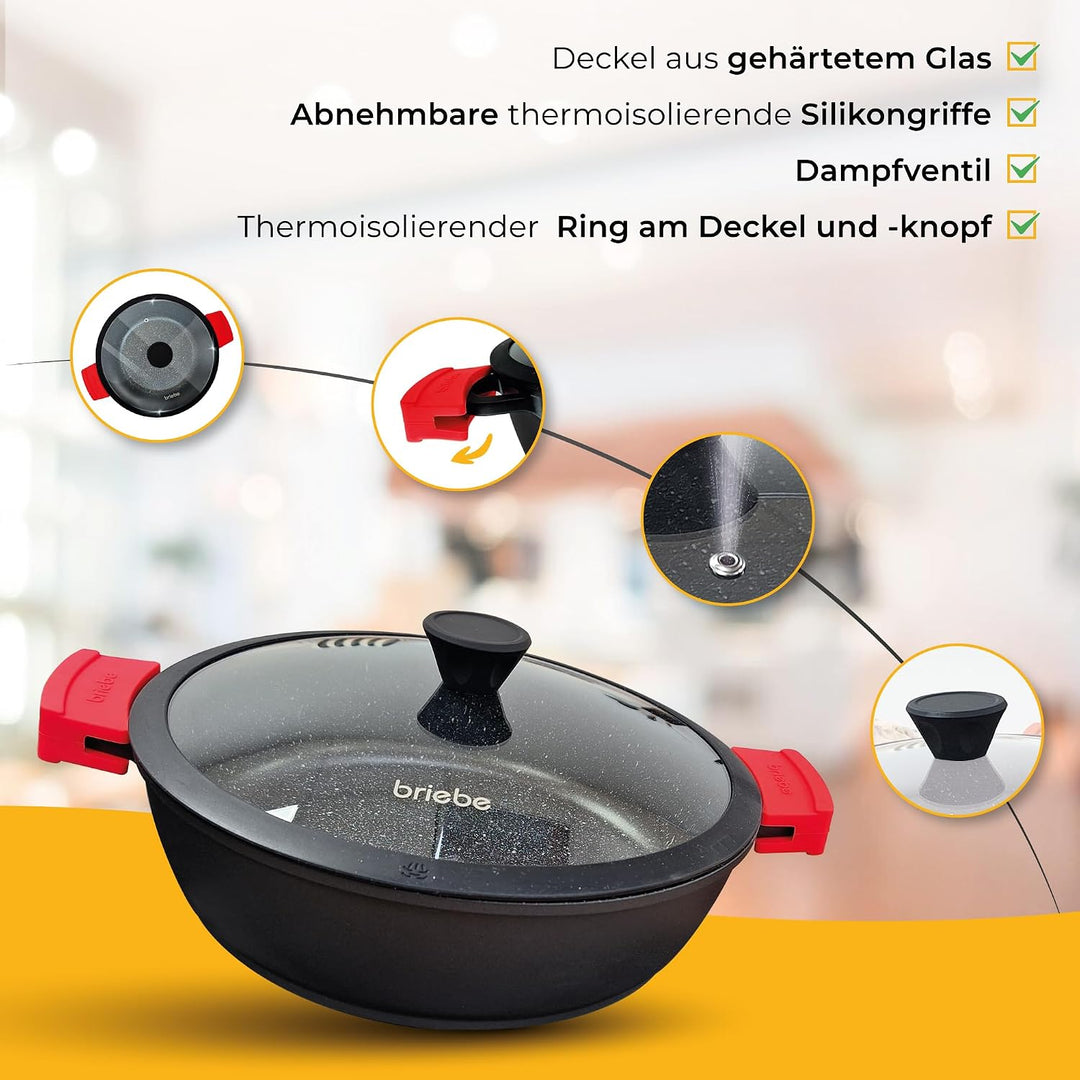 briebe Black Titanium Flache Kasserolle für Induktionskochfeld, Antihaft-Titan, 36cm, Aluminiumguss,