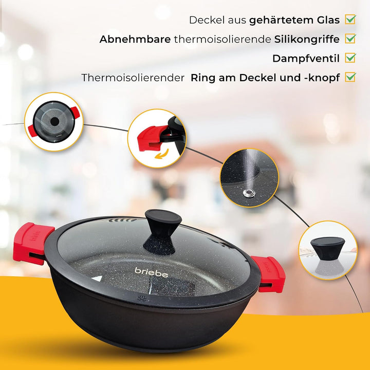 briebe Black Titanium Flache Kasserolle für Induktionskochfeld, Antihaft-Titan, 36cm, Aluminiumguss,