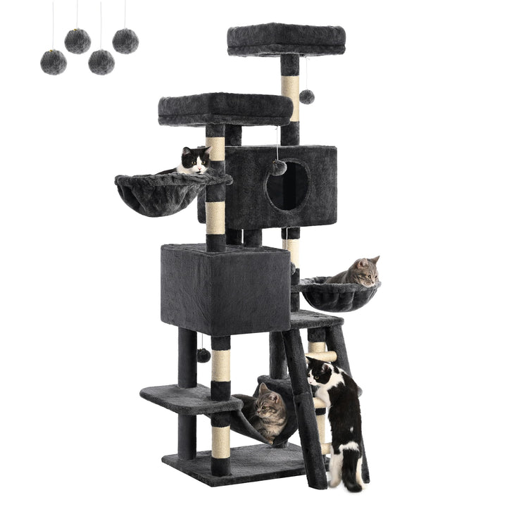 FourFurPets Kratzbaum 160 cm hoch, Aktivitätsbaum für Katzen, mit 2 Plattformen, 2 Höhlen, 2 Korb, H
