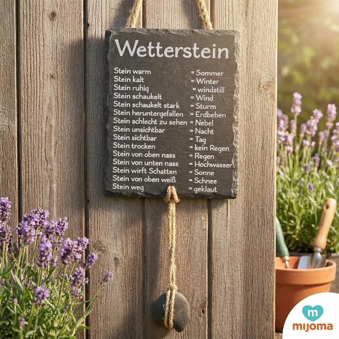 MIJOMA Wetterstein Schiefertafel – Wetterstation aus Schiefer mit Juteband – rustikale Deko für Gart