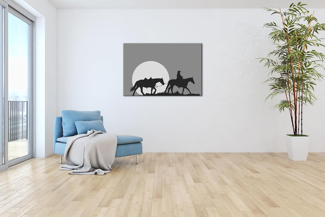 deyoli Cowboy im Sonnenuntergang Format: 60x40 Effekt: Monocrome Blau als Leinwand, Motiv fertig ger