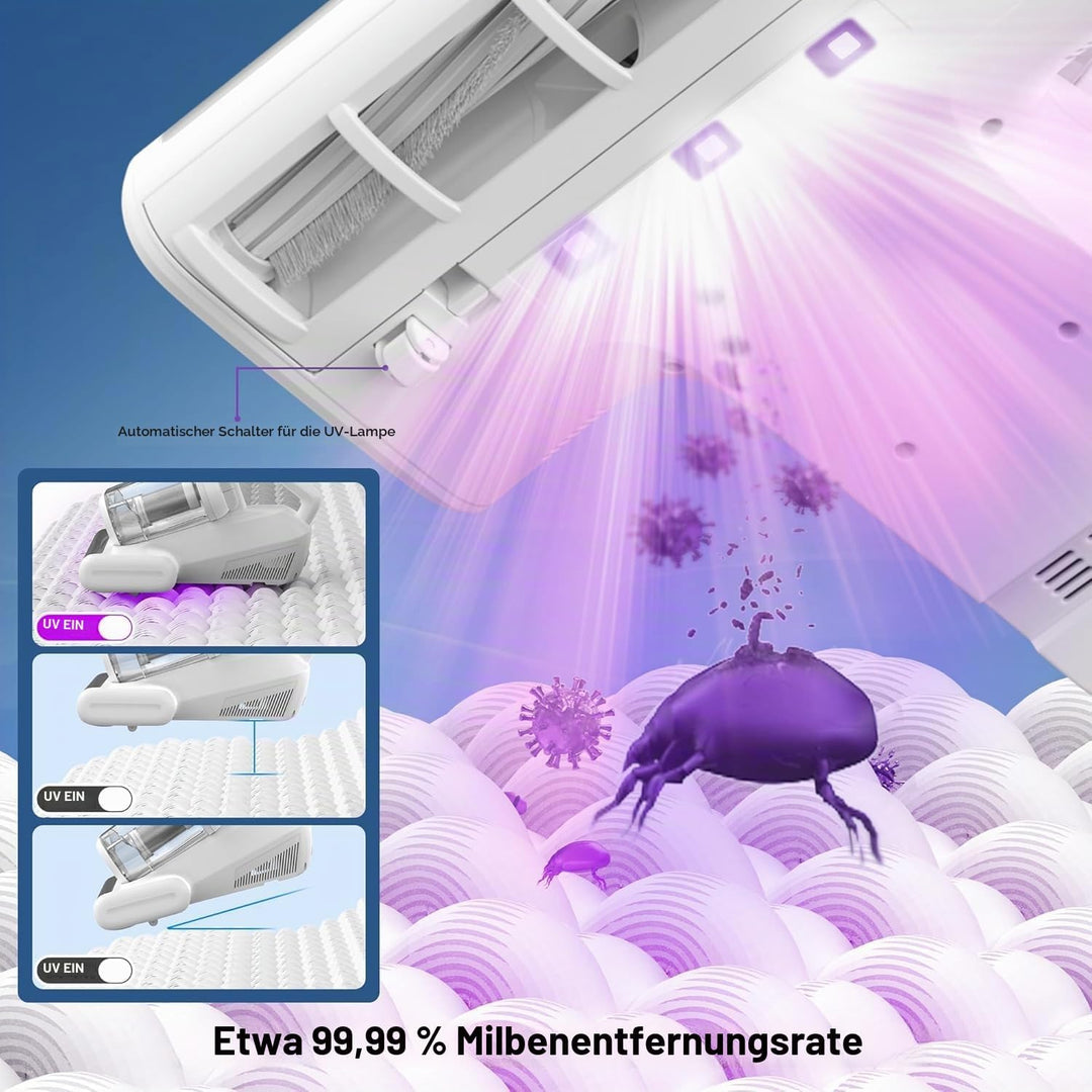 Milbensauger für Matratzen mit UV Licht - 15KPa Milbenstaubsauger mit 5M Kabel und 60℃ Heissluftfunk