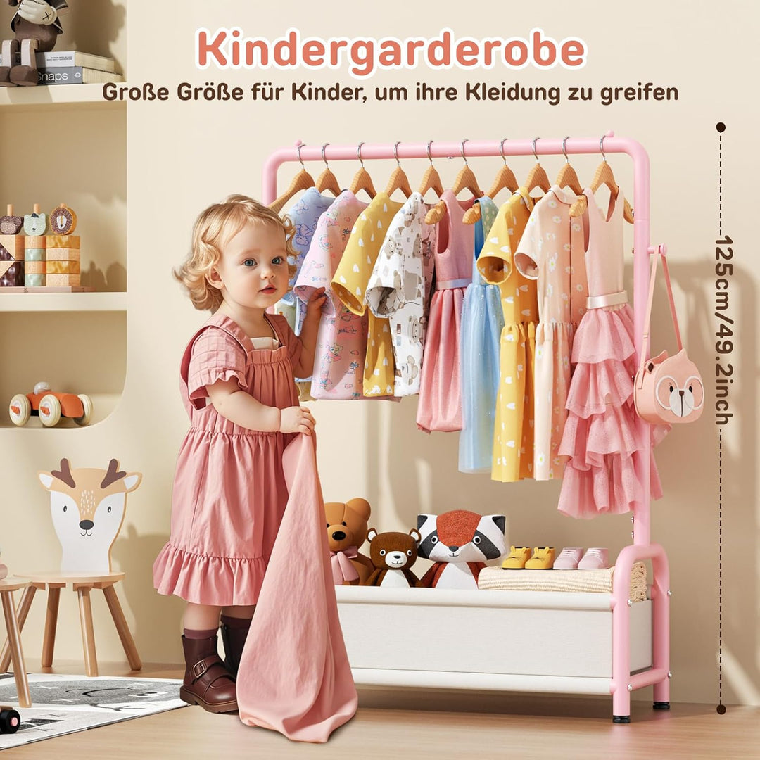 Kinder Garderobe Kleiderständer 80×30×125cm, Kinder Kleiderständer mit 2 Haken + Aufbewahrungskorb,