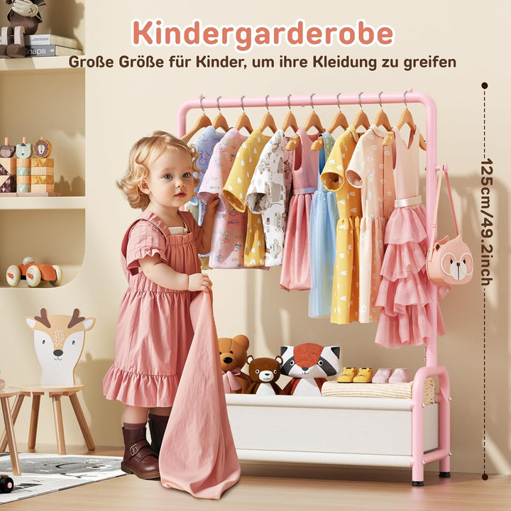 Kinder Garderobe Kleiderständer 80×30×125cm, Kinder Kleiderständer mit 2 Haken + Aufbewahrungskorb,