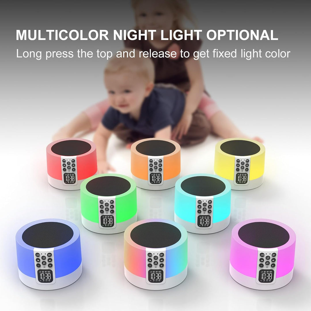 Bluetooth Lautsprecher mit Licht und Digital Wecker, White Noise Machine, Touch Dimmbares Nachtlicht