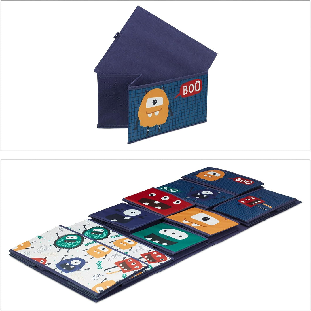 Relaxdays Kinderregal mit 9 Stoffboxen, Monster Design, HxBxT: 70 x 92,5 30 cm, Spielzeugregal fürs