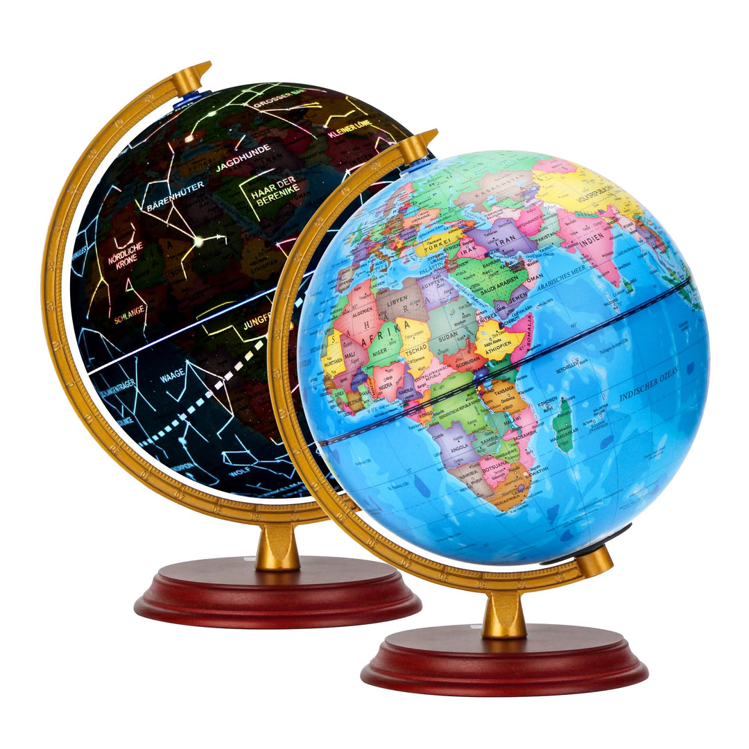 EXERZ 20cm Leuchtglobus Holzsockel - Karte auf Deutsch - Schülerglobus - Politische Karte (Tageszeit