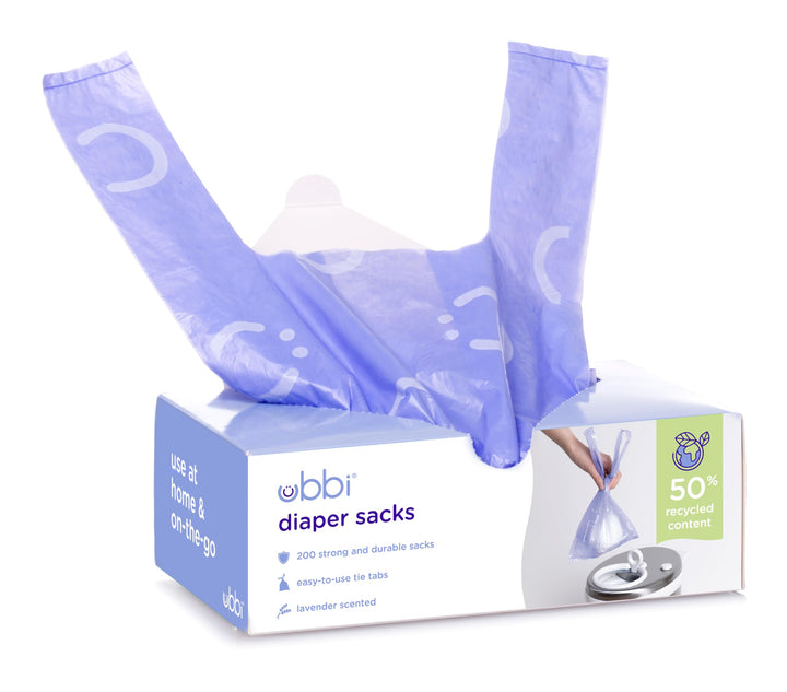 Ubbi Disposable Nappy Sacks, Lavender Scented, Easy-To-Tie Tabs, Baby Nappy Disposal, 200 Count 200