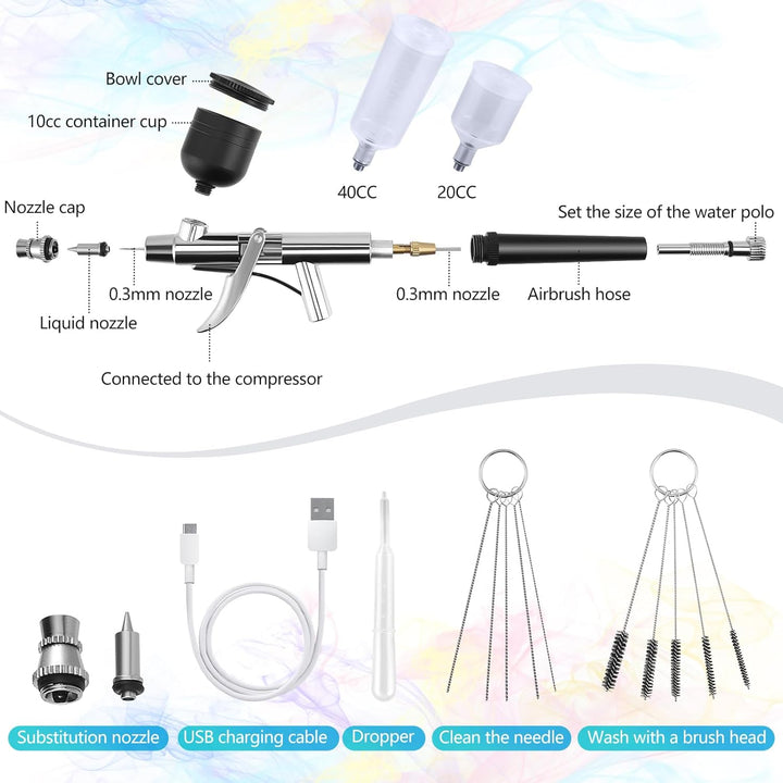 Airbrush-Set mit Kompressor – tragbar und wiederaufladbar, mit einer 0,3-mm-Düse, 5 Reinigungsnadeln